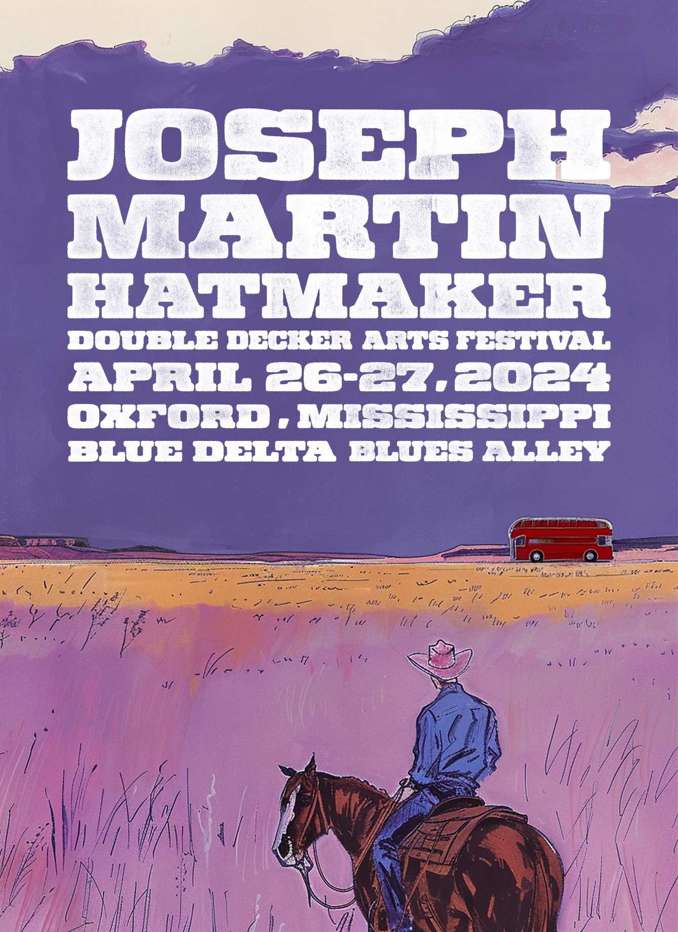 Joseph Martin Hatmaker Double Decker Arts Festival poster in purple with cowboy on horseback