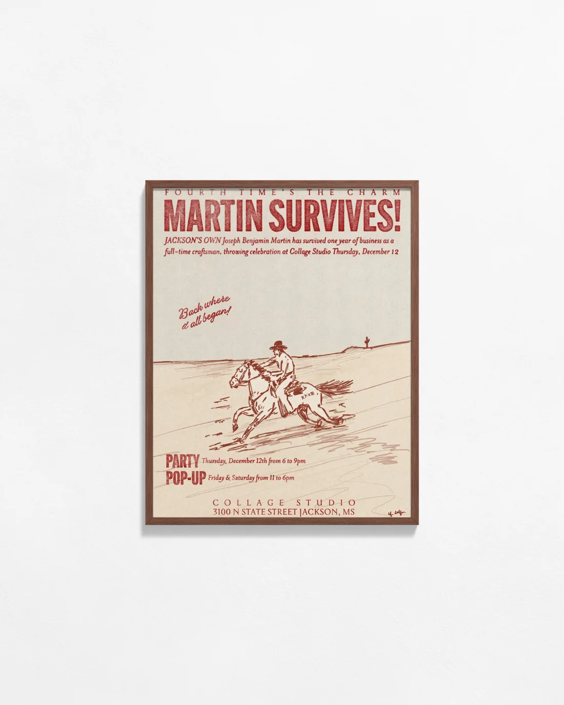 Framed Martin Survives event poster, western illustration in red
