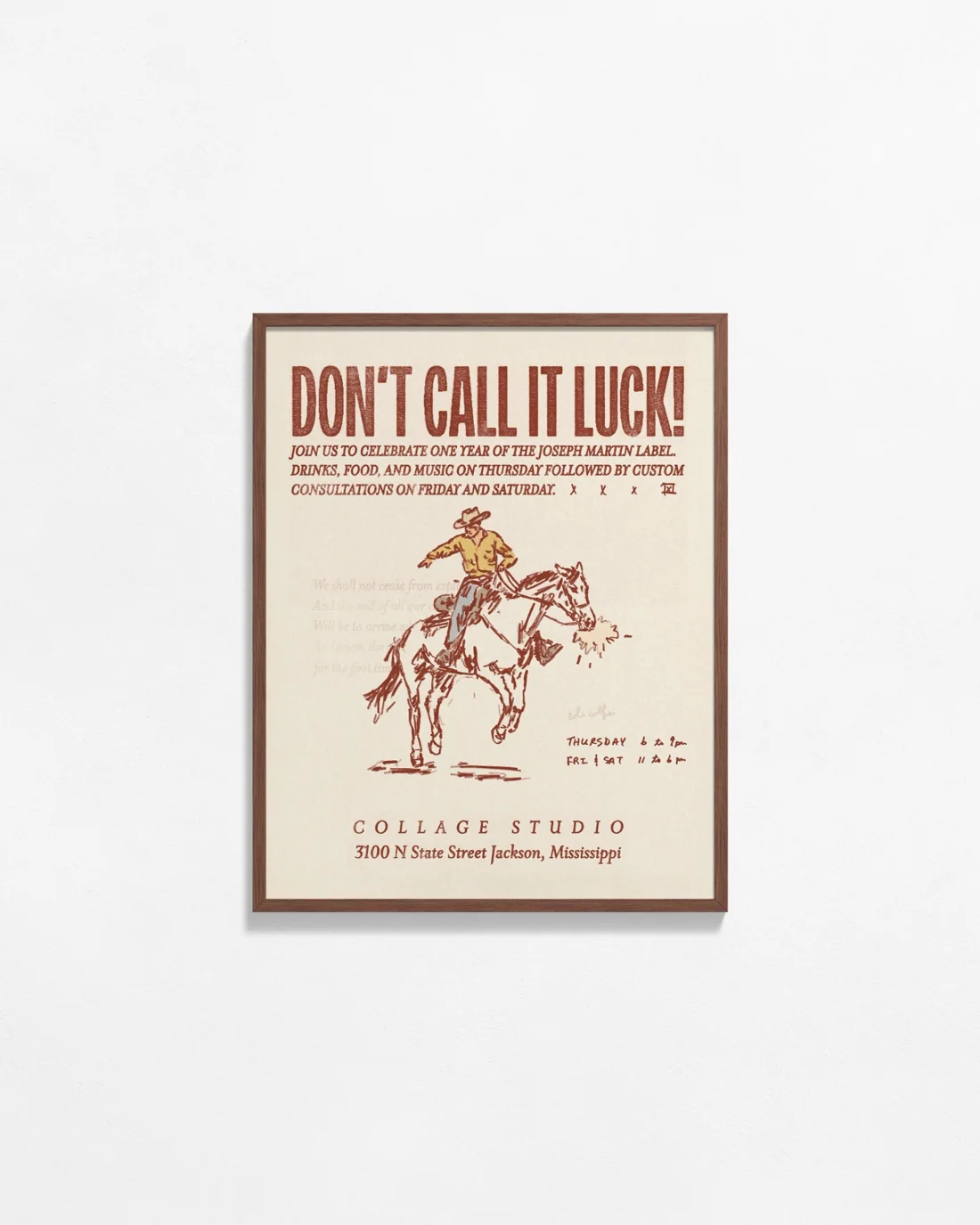 Framed Don't Call It Luck event poster, cowboy illustration in red