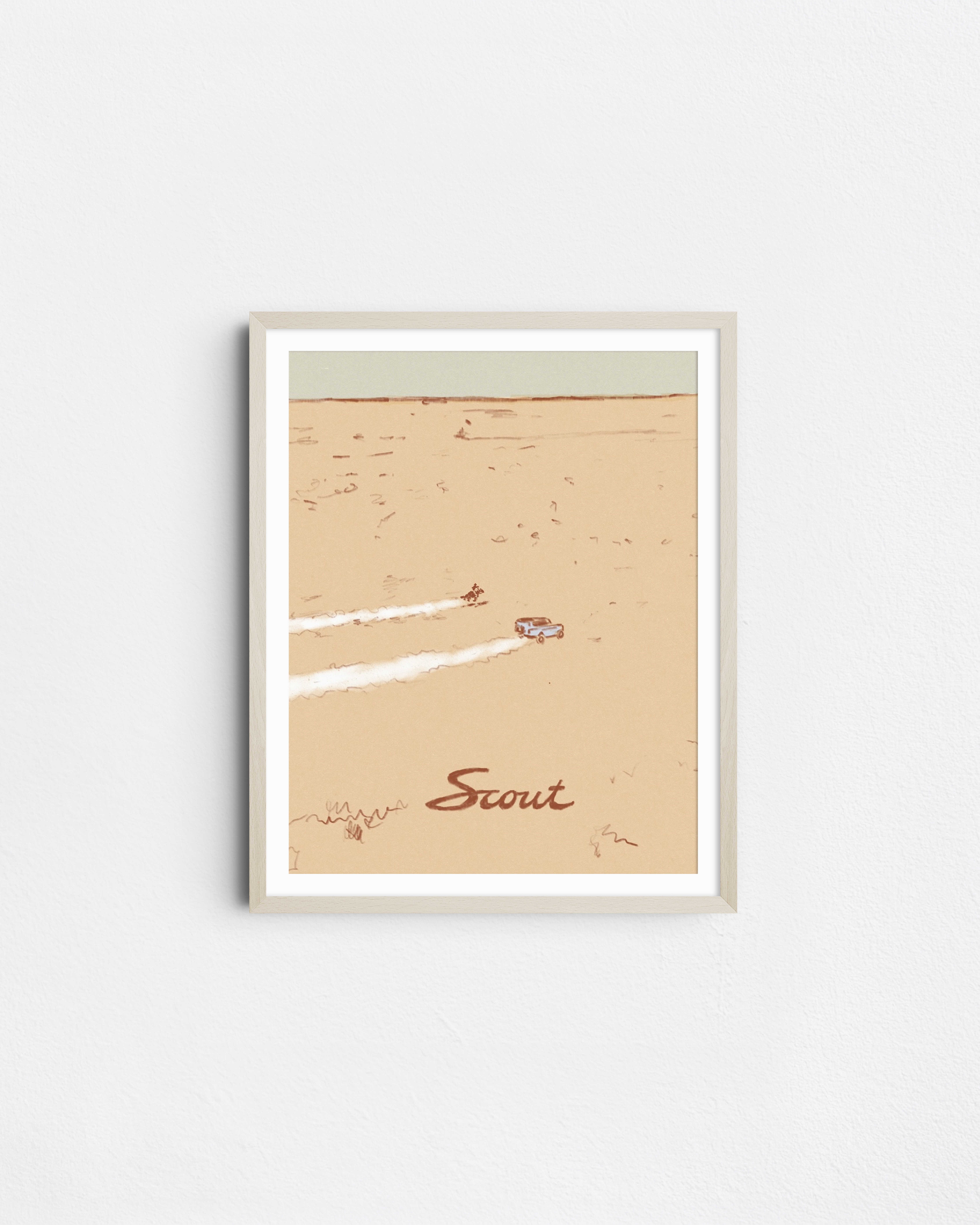 Framed Scout illustration of a vehicle crossing a wide desert landscape