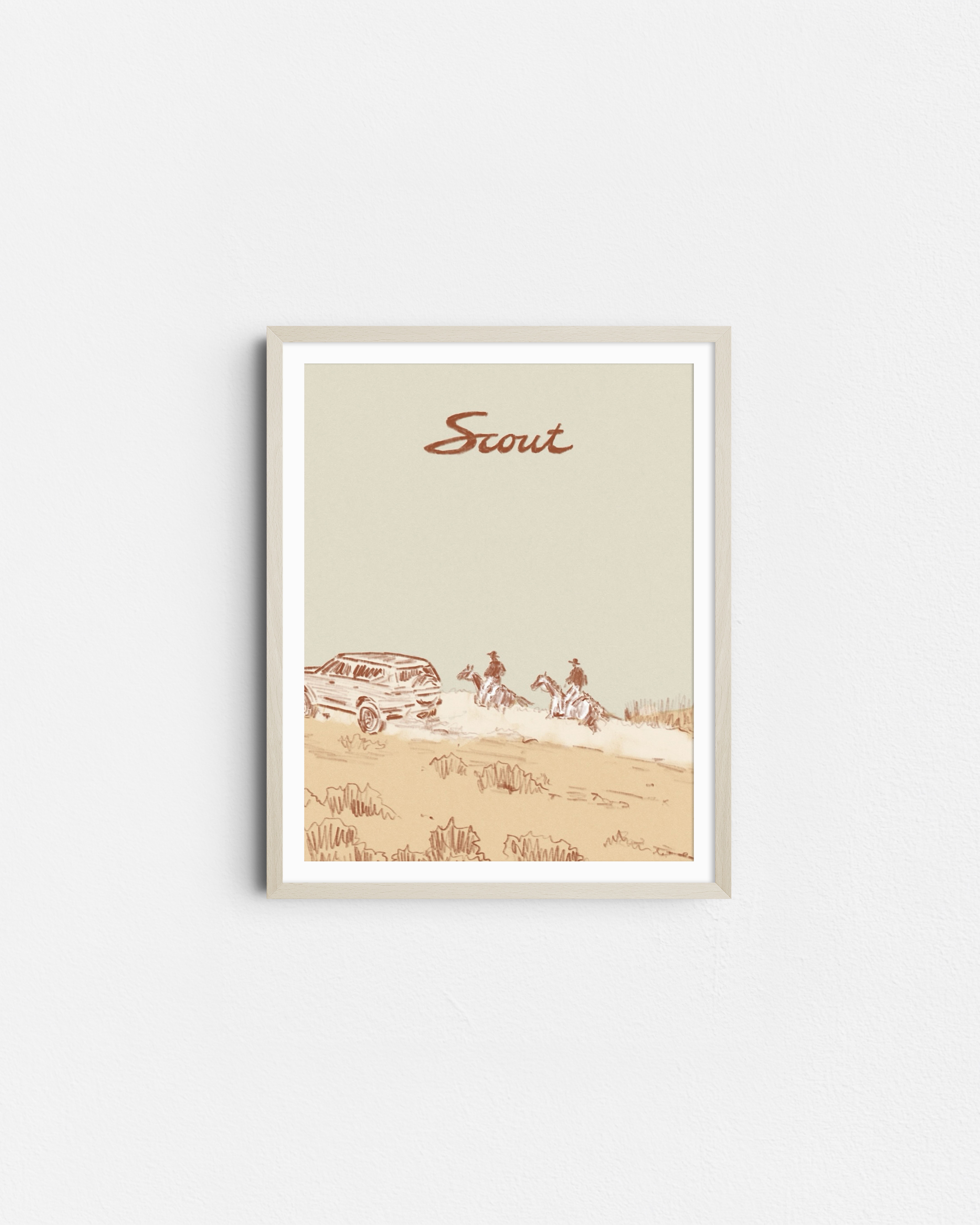 Framed Scout illustration of a vehicle alongside horseback riders